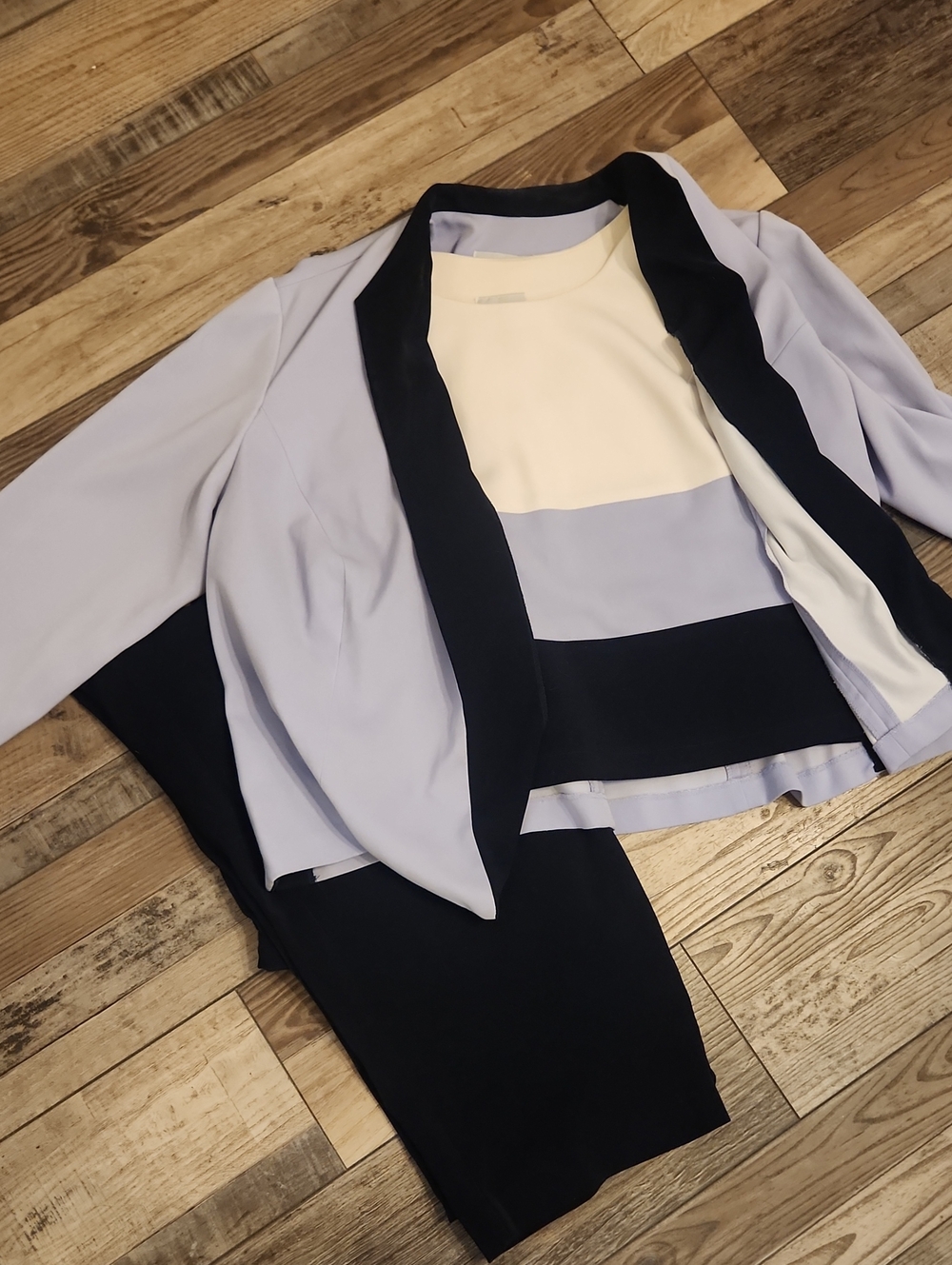 Colorblock 3 Piece Jacket, Pants and Top Set - Navy Blue, Lavender, Cream